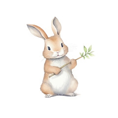 Obraz premium Watercolor Bunny Holding a Branch with Green Leaves Smiling Happily