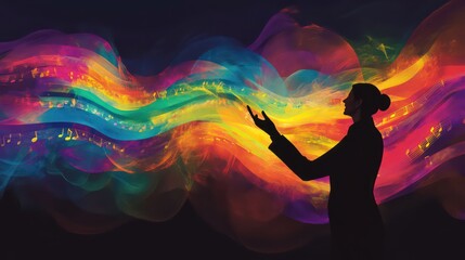 Silhouette conductor orchestrating vibrant musical waves, colorful notes flowing in harmony
