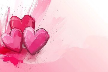 Three stylized pink hearts painted on a textured watercolor backdrop