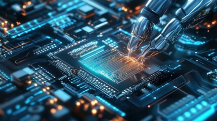 Obraz premium Robotic arm placing microchip on circuit board