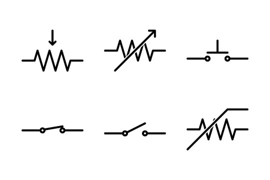 Icons of resistors potentiometer, rheostat and switches for circuit schematics.