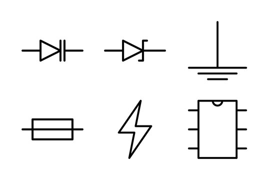 Icons of Zener diodes, grounding, and fuses for circuit schematics and electronics design.