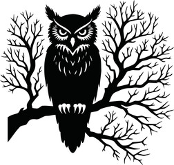 silhouette owl sitting on bare tree branch vector style on white background