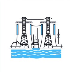 Illustrative Outline of Hydroelectric Power Plant with Transmission Towers and Water Landscape Design