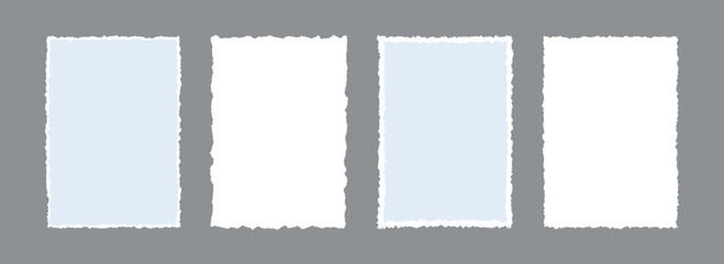 Torn paper frame backgrounds. Jagged edge paper sheet wallpapers. Blue and white ripped grunge element bundle for poster, text box, banner, collage, sticker. Vector blank rectangle craft backdrops