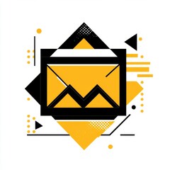 Abstract geometric design with a stylized envelope and dynamic shapes in black, yellow, and white colors