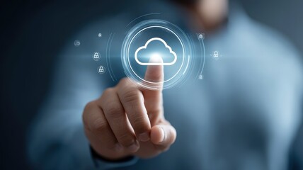 Battery storage charging innovation. A person touching a digital cloud icon, representing technology and data storage concepts.