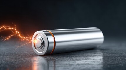 Battery storage charging innovation. A metallic battery with sparks, symbolizing energy and power on a reflective surface.