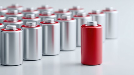 Battery storage charging innovation. Batteries arranged with one prominently displayed in red, showcasing contrast and design.