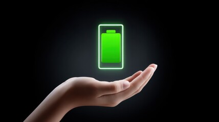 Battery storage charging innovation. Hand holding a glowing battery icon, symbolizing energy, power, and technology on a dark background.