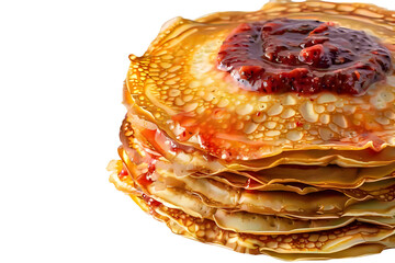Delicious stack of pancakes with fresh strawberry jam on a black background
