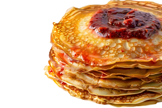 Delicious stack of pancakes with fresh strawberry jam on a black background