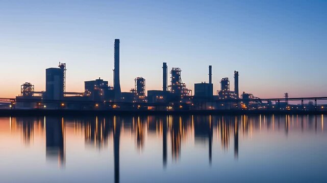 Industrial complex at dawn reflected in calm water
