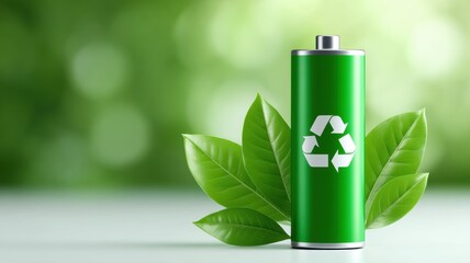 Battery storage charging innovation. Eco-friendly battery surrounded by leaves, symbolizing sustainability and recycling.