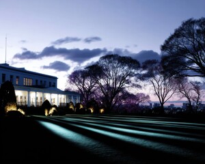 Fototapeta premium Twilight manor with illuminated lawn