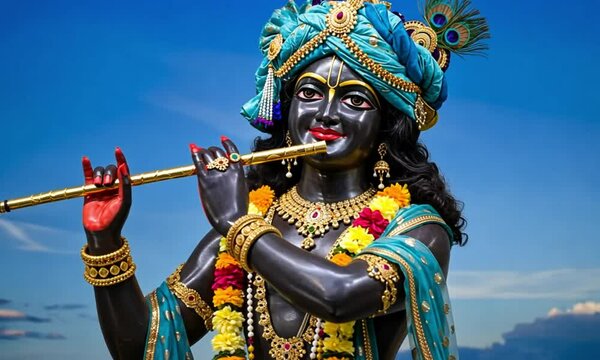 Dark-skinned deity playing a flute, adorned with intricate gold jewelry and teal fabric