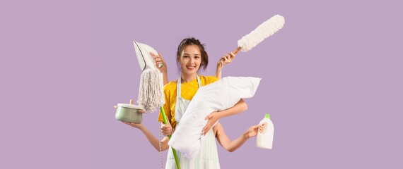 Asian mother with baby and hands holding cooking pot, electric iron and cleaning supplies on lilac...