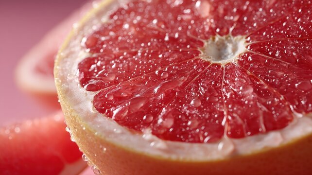 Close-up of a sliced grapefruit with water droplets on a vibrant pink background.