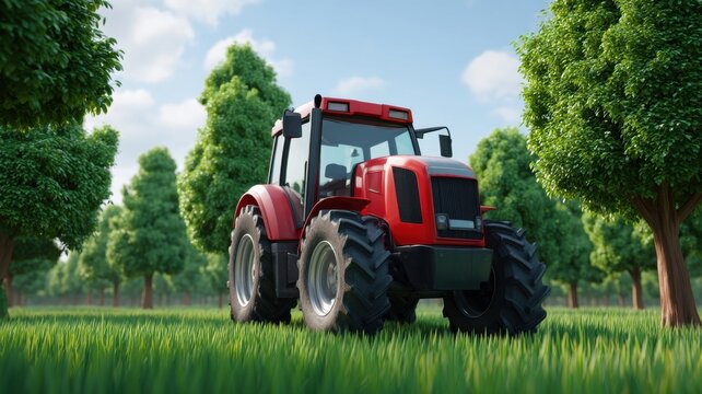 Red tractor in a lush green field with trees under a blue sky, symbolizing agriculture and farming.