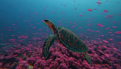 Underwater turtle amidst coral reef