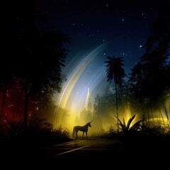 Unicorn at night in a mystical forest