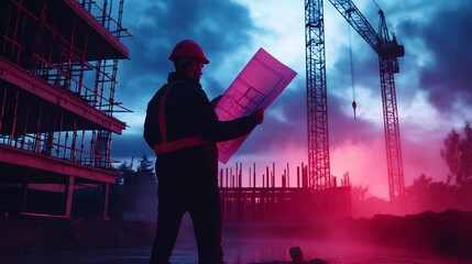 Construction worker reviews blueprints at construction site under a cloudy sky