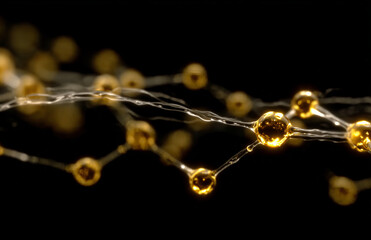 3d render of gold molecule, glass transparent texture, skincare and cosmetic, science, medical, lab, black background,vector