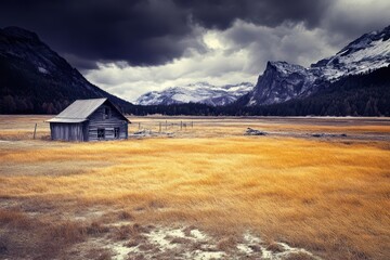 Rustic cabin nestled in a golden meadow, dramatic sky