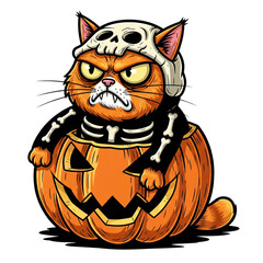 Obraz premium Grumpy Orange Cat in Skeleton Costume Sitting in Pumpkin