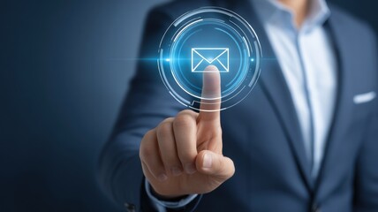 Obraz premium Email security, spam call. A person tapping a digital mail icon, symbolizing communication and technology.