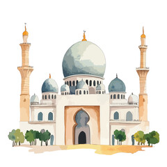 Obraz premium Watercolor Mosque Illustration with Domes Minarets and Lush Greenery