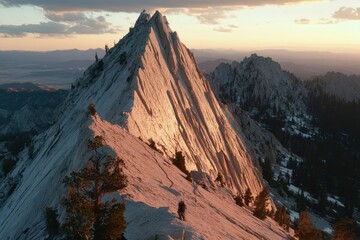 Majestic mountain peak at sunset. Hikers ascend a dramatic ridge.  Sunrise hues paint the landscape
