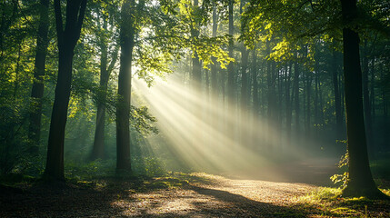 Obraz premium A forest landscape with sunlight filtering through the trees, casting dappled shadows on the lush green grass, creating an atmosphere of tranquility and natural beauty.