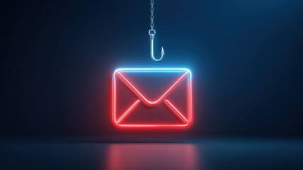 Email security, spam call. Neon envelope with a fishing hook, symbolizing email phishing concept.