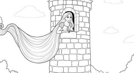 princess rapunzel with long hair in the castle colouring page drawing book for kids  © daffagladius