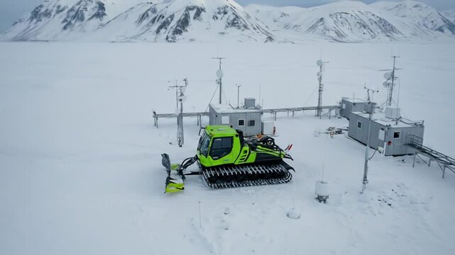 Arctic outpost and snow groomer