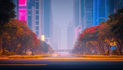 Urban avenue at dawn, hazy atmosphere