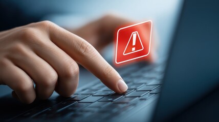 Email security, spam call. A hand pressing a laptop key with a warning symbol displayed above.