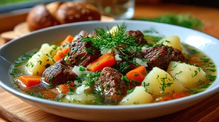 Hearty beef soup with potatoes and carrots