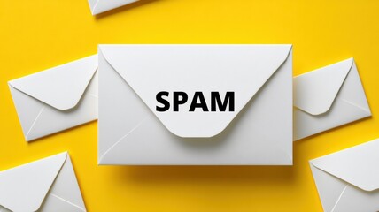 Email security, spam call. White envelopes with "SPAM" text on a bright yellow background, representing unwanted emails.