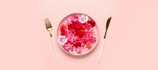 Plate with beautiful flowers and cutlery on pink background