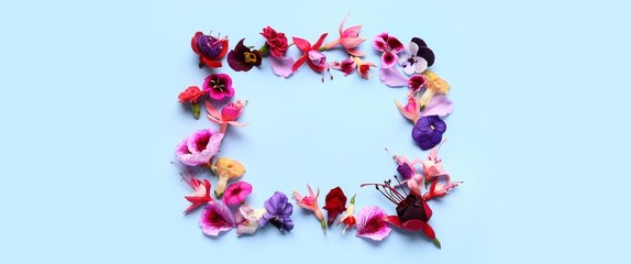 Frame made of beautiful flowers on blue background