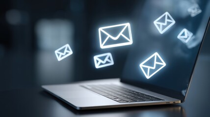 Email security, spam call. Laptop displaying floating email icons, symbolizing digital communication and messaging.