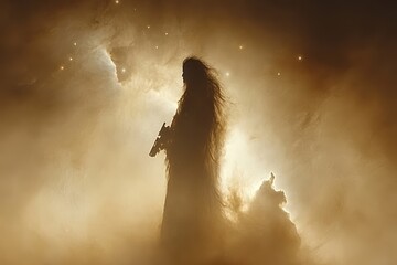 Silhouette of a figure in a flowing robe, holding a weapon, amidst ethereal golden mist