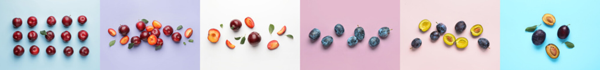Collage of fresh plums, top view