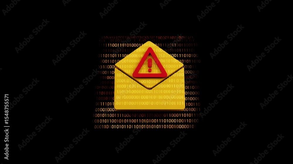 Poster email security, spam call. warning symbol on an envelope with binary code background, suggesting dig