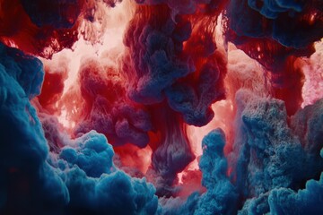 Abstract ink explosion.  Dense, swirling clouds of vibrant red and blue ink