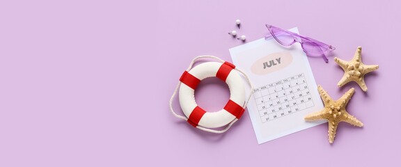 Calendar with sunglasses and lifebuoy ring on lilac background with space for text