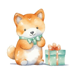Watercolor Shiba Inu Puppy with Mint Green Gift