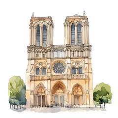 Watercolor Sketch of Notre Dame Cathedral in Paris
